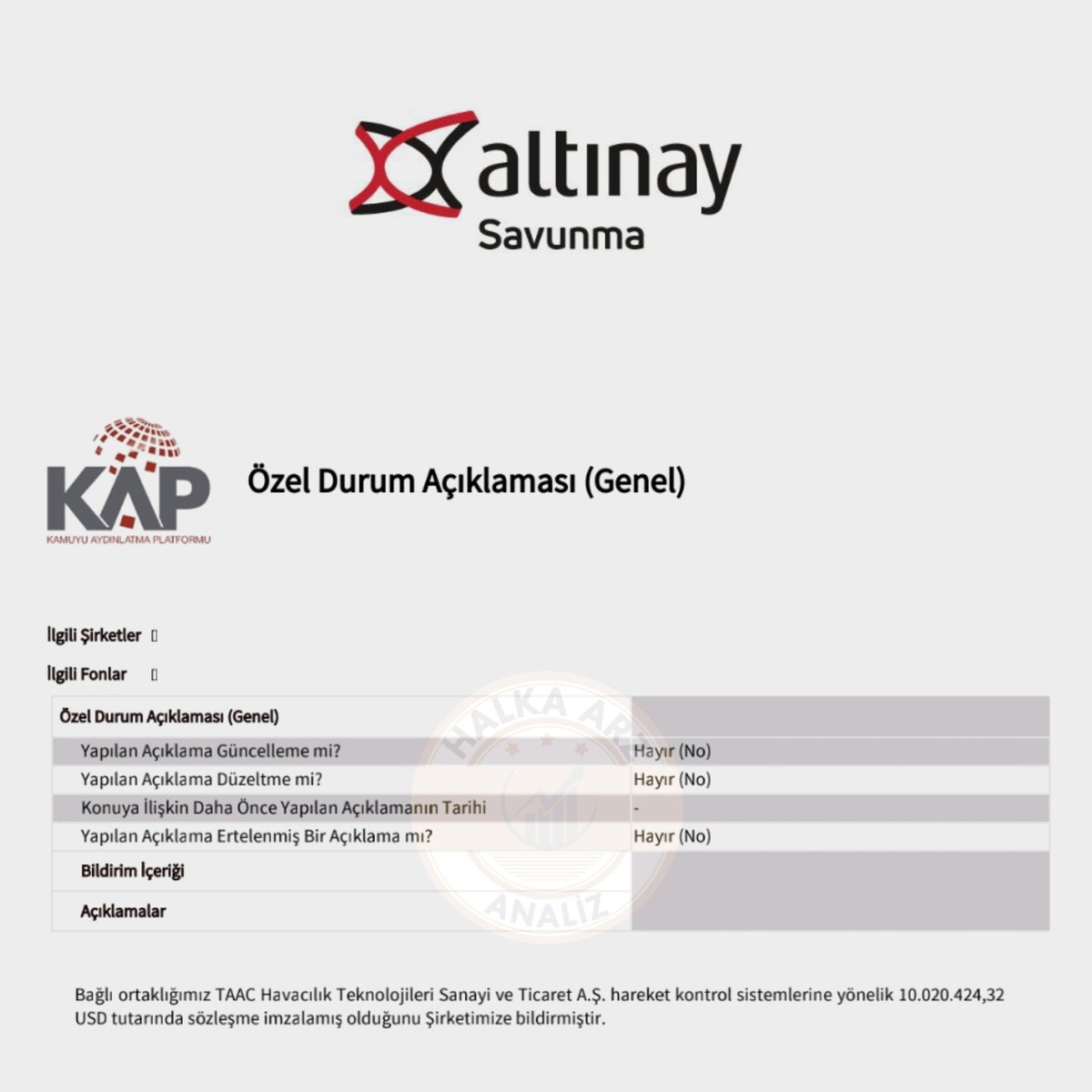 📢Altınay Savunma Teknolojileri #ALTNY bağlı ortaklığı TAAC Havacılık Teknolojileri'nin hareket kontrol sistemlerine yönelik 10.020.424$ sözleşme imzaladığını #KAP'a bildirdi

#Halkaarz #Borsa #Smrva #Cgcam #Armgd #Egegy #Glrmk #Altınay #Altny

Telegram 👉 t.me/halkaarzanaliz