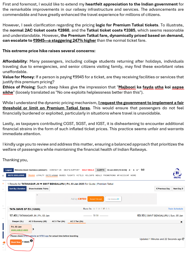 AkashSachdeva05's tweet photo. Dear @RailMinIndia @IRCTCofficial @AshwiniVaishnaw, Premium Tatkal fares are 247% higher than regular (₹2860 vs. ₹9945 for 2AC). This affects students, seniors &amp; emergency travelers. Pls review. Details in images. #IndianRailways #PremiumTatkal #FairPricing
@RailwaySeva https://t.co/qH1dFb77LB