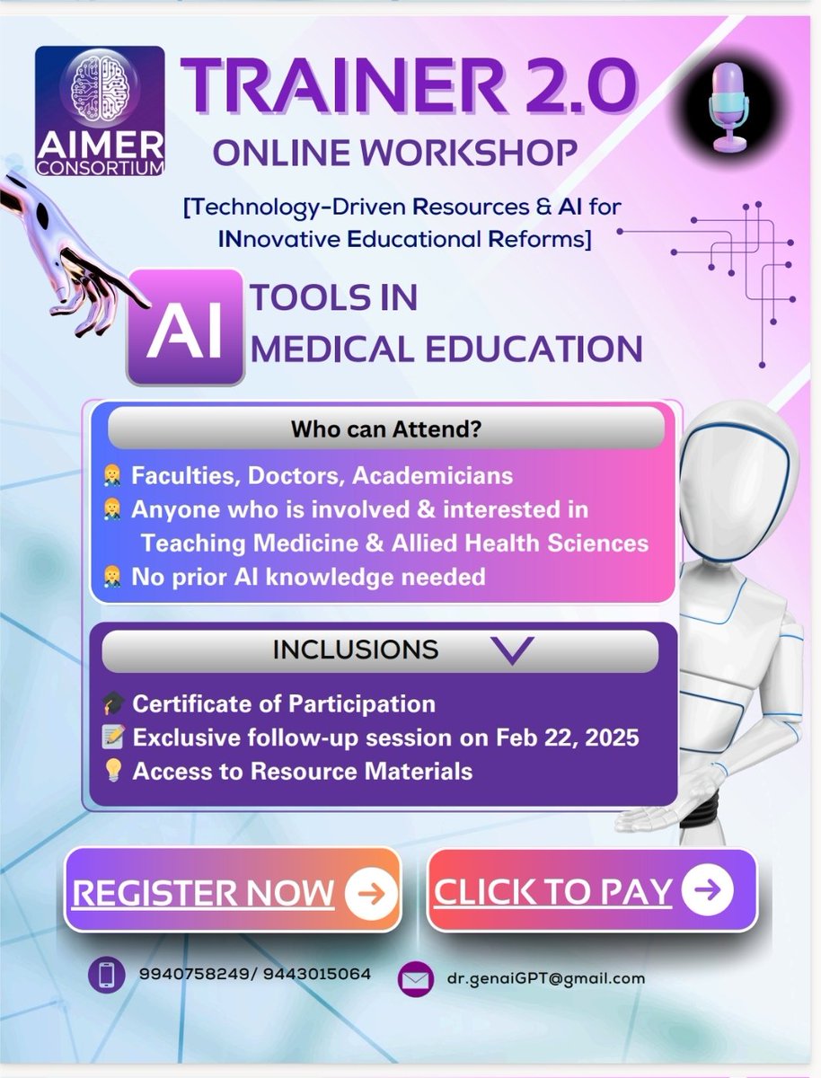 aimerconsortium's tweet photo. 📢 TRAINER 2.0 – AI Tools in Medical Education Workshop💻Registration Fee:
Early Bird (Till Jan 15, 2025): ₹1500
Late Bird (Till Feb 7, 2025): ₹2000
👥 AIMER Members: ₹1000 (till Jan 15,2025)
📲Registration Link:  https://t.co/vKonZR7eyP
💳Payment Link: https://t.co/IIuXZtnC21 https://t.co/p7sZgvKUB9