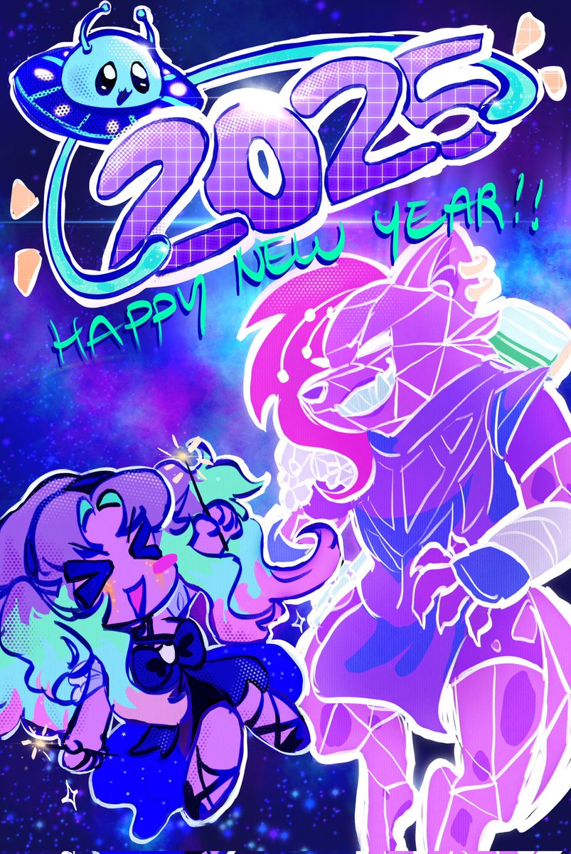 cozmiccreaturez's tweet photo. Happy New Years, Cozmic Cutiez! 2025 is going to be OUR YEAR! Kit &amp; I just feel it!!!!

Thank you very much PadritoCharlie for another amazing piece.

#vtuber #twitch #streamer #smallstreamer #spacetuber #cozmiccreaturez #happyholidays #happynewyear  #newyear #happynewyear2025 https://t.co/00UR14y3BJ