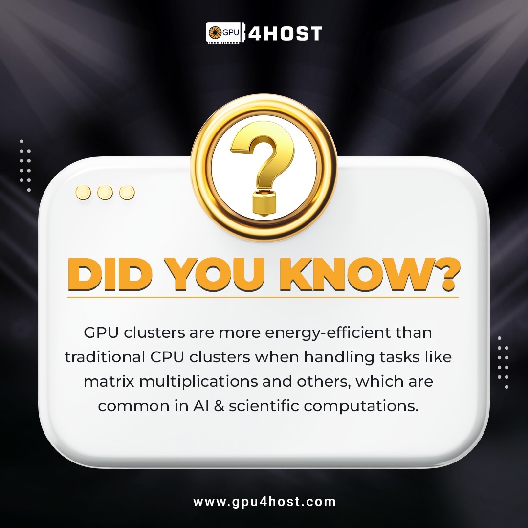 Gpu4Host's tweet image. Unlock the power of efficiency! 💡 GPU clusters outshine CPU clusters in energy savings while handling complex tasks like matrix multiplications and AI computations. 🔋⚡
#GPU #GPUcluster #CPU #AI #artificialintelligence #GPUSA #gpumining #dedicatedserver #Server #hosting