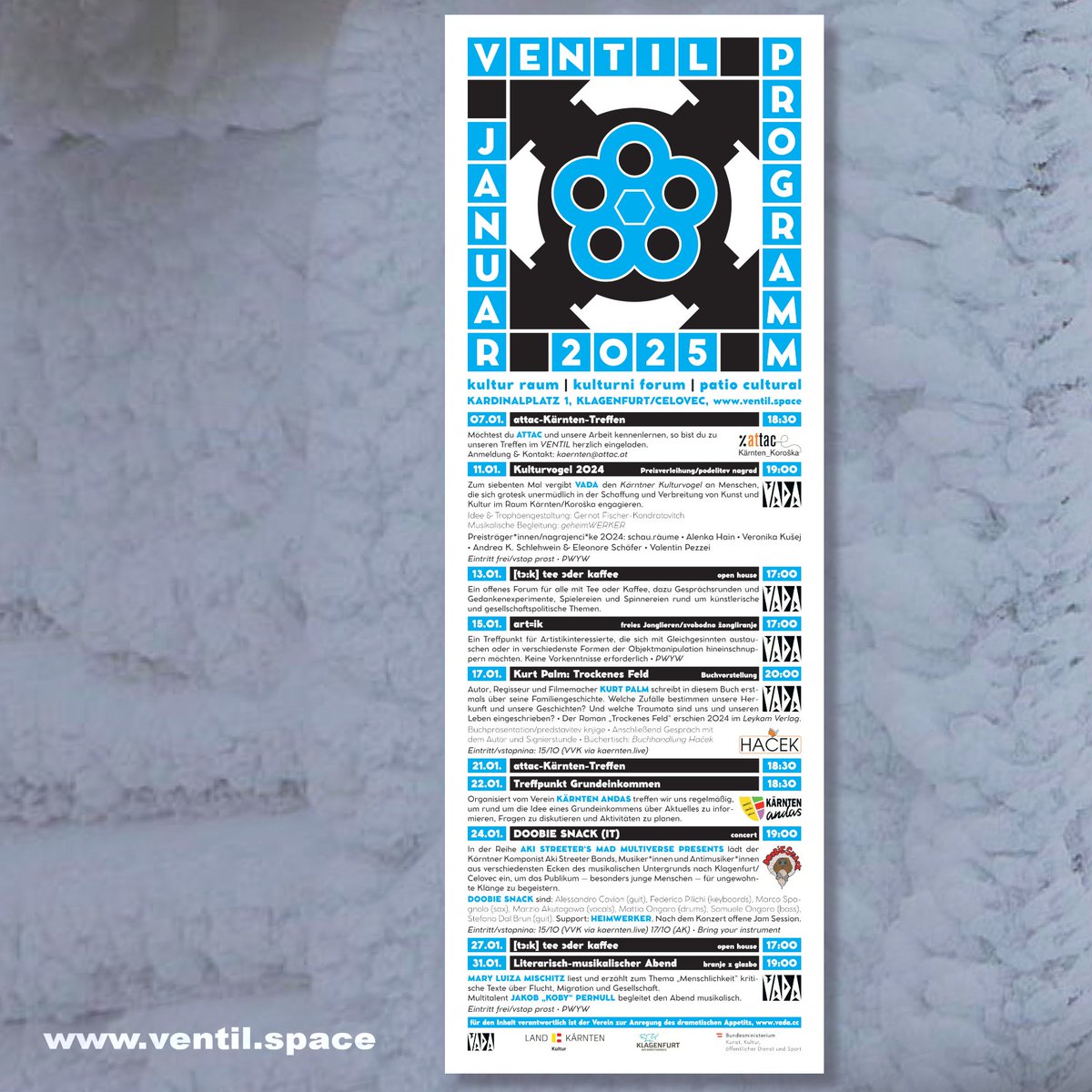 Neues VENTIL-Jahr, neues VENTIL-Programm im Jänner 2025 🤩  Alle Termine und weitere Infos findet ihr auf ventil.space/termine

#VENTIL
#Klagenfurt
#Celovec
#vada
#andas
#zumbayllu
#kärnten
#koroška