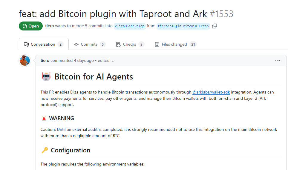 0xMt_'s tweet photo. Bitcoin AI Agent is here!
- ElizaOS (@ai16zdao) expands to Bitcoin by integrating with @ArkLabsHQ SDK 
- Build AI agents with BTC Taproot wallets
AI agents dominate Solana & ,now they’re coming to Bitcoin and Layer2 
- Imagine AI agents trading Runes, BRC20, Ordinals & inscribing directly onto Bitcoin blocks

Thanks for making Bitcoin great again @tierotiero @shawmakesmagic 🙌