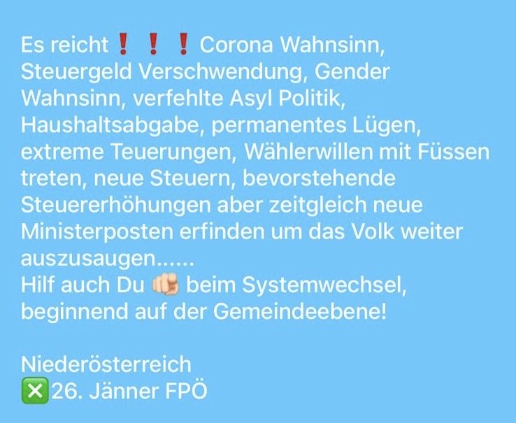 das ist das fpö narrativ zu den gemeindewahlen 2025. für 0% davon sind die gemeinden verantwortlich. zu wasser, kinder, schule, ehrenamt usw. 0! zudem bedenkliche formulierungen wie "volk aussaugen"!