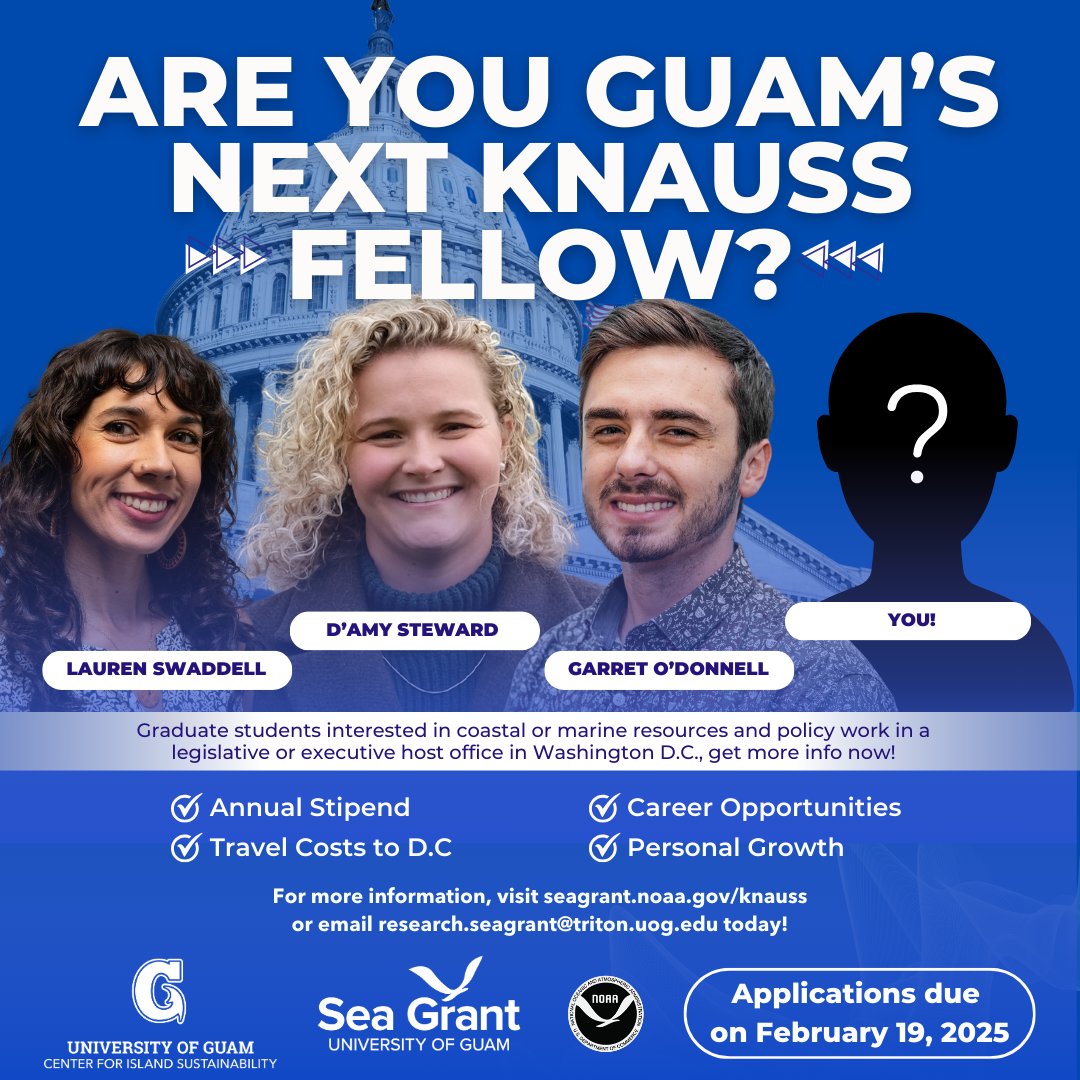 UOG Sea Grant (@uogseagrant) on Twitter photo Are you a graduate student passionate about coastal and marine resources? The Knauss Fellowship Program offers an incredible opportunity to gain hands-on experience in Washington, D.C.! Learn more,visit our website visit.seagrant.noaa.gov/knauss or email research.seagrant@triton.uog.edu Are you a graduate student passionate about coastal and marine resources? The Knauss Fellowship Program offers an incredible opportunity to gain hands-on experience in Washington, D.C.! Learn more,visit our website visit.seagrant.noaa.gov/knauss or email research.seagrant@triton.uog.edu
