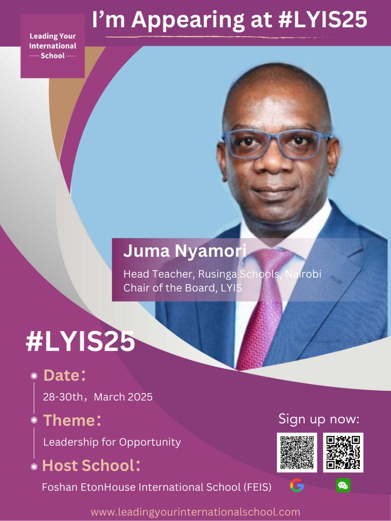 I am delighted to announce our very first guest at the inaugural LYIS Conference  #LYIS25 - '𝐋𝐞𝐚𝐝𝐞𝐫𝐬𝐡𝐢𝐩 𝐟𝐨𝐫 𝐎𝐩𝐩𝐨𝐫𝐭𝐮𝐧𝐢𝐭𝐲' 

Juma Nyamori, NPQH. 

For enquiries, email: 
amy@leadingyourinternationalschool.com

#lyis #leadership #conference