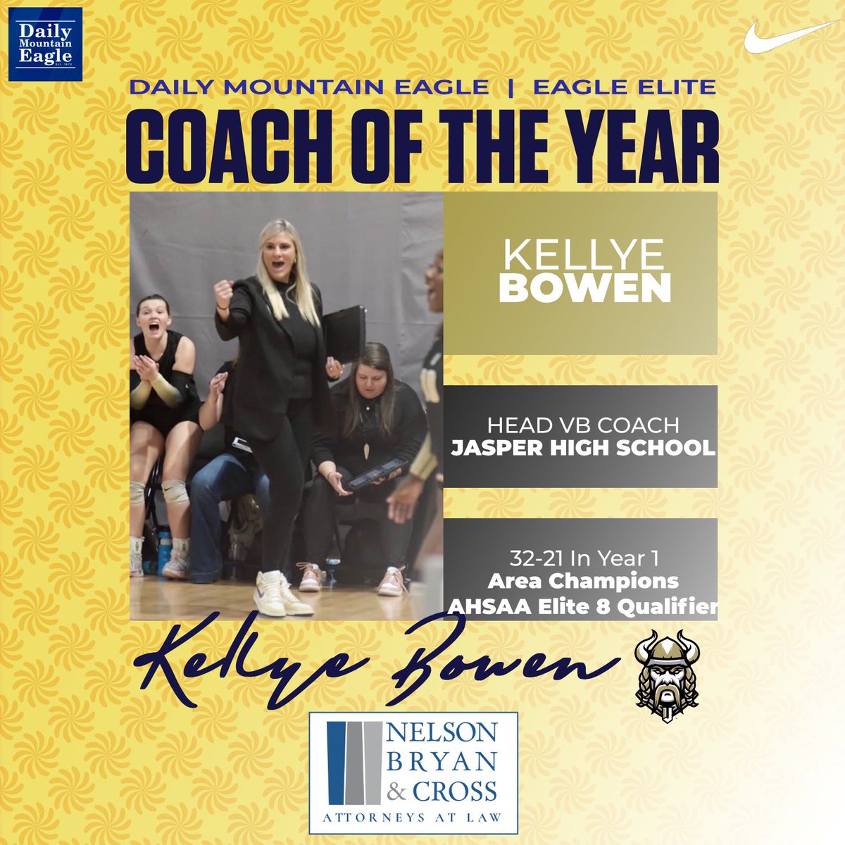 Jasper Vikings (@jaspervikes) on Twitter photo Congrats to <a href="/JasperVikingsVB/">Jasper Volleyball</a> Coach <a href="/kellbowen32/">Kellye Jordan Bowen</a> on being named @DailMtEagle Eagle Elite Coach of the Year ! <a href="/NBCLegal/">Nelson Bryan & Cross</a> #GoVikes #JasperForever Congrats to <a href="/JasperVikingsVB/">Jasper Volleyball</a> Coach <a href="/kellbowen32/">Kellye Jordan Bowen</a> on being named @DailMtEagle Eagle Elite Coach of the Year ! <a href="/NBCLegal/">Nelson Bryan & Cross</a> #GoVikes #JasperForever