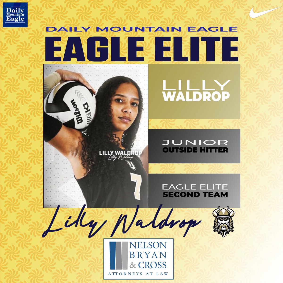 Jasper Vikings (@jaspervikes) on Twitter photo Congrats to <a href="/JasperVikingsVB/">Jasper Volleyball</a> Lilly Waldrop on being named @DailMtEagle Eagle Elite Second Team ! <a href="/NBCLegal/">Nelson Bryan & Cross</a> #GoVikes #JasperForever Congrats to <a href="/JasperVikingsVB/">Jasper Volleyball</a> Lilly Waldrop on being named @DailMtEagle Eagle Elite Second Team ! <a href="/NBCLegal/">Nelson Bryan & Cross</a> #GoVikes #JasperForever