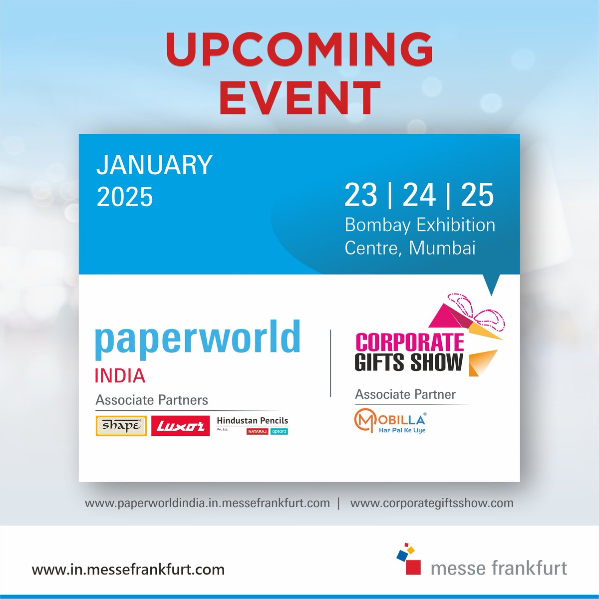 ✨Kickstart 2025 with Creativity and Innovations! 🎁📚🎨 Discover advanced solutions in the paper and stationery segment and redefine your gifting strategies while expanding your business network! 
#MesseFrankfurtIndia
#messefrankfurt
#paperworldindia #corporategiftsshow