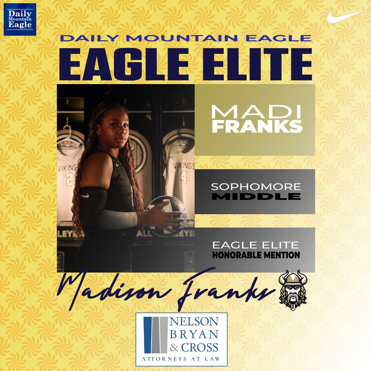 Jasper Vikings (@jaspervikes) on Twitter photo Congrats to <a href="/JasperVikingsVB/">Jasper Volleyball</a> Madi Franks on being named @DailMtEagle Eagle Elite Honorable Mention ! <a href="/NBCLegal/">Nelson Bryan & Cross</a> #GoVikes #JasperForever Congrats to <a href="/JasperVikingsVB/">Jasper Volleyball</a> Madi Franks on being named @DailMtEagle Eagle Elite Honorable Mention ! <a href="/NBCLegal/">Nelson Bryan & Cross</a> #GoVikes #JasperForever