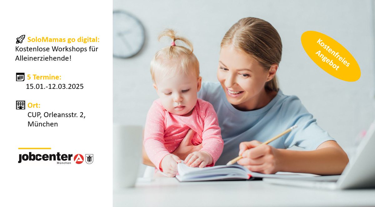 JobcenterM's tweet photo. Ein fantastisches Angebot des #Jobcenter #München &amp; CUP für Alleinerziehende.
Sie erhalten Unterstützung zu Themen wie Finanzen, Berufseinstieg, Digitales Wissen, Kinderbetreuung &amp; Empowerment.
Mehr Infos: https://t.co/nWC0zptyC2
Anmeldung: Jobcenter-Muenchen.BCA@jobcenter-ge.de https://t.co/4Lr5SuyQbA