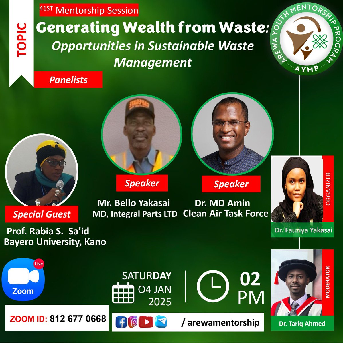 yakubwudil's tweet image. Join the first AYMP webinar of the year to learn the concept of ‘Generating Wealth from Waste’ from our versatile speakers.  See you there!

Date: Saturday, 4th January 2025.
Time: 2:00 PM (Nigeria).

Join via Zoom:  bit.ly/aymp41
(ID: 812 677 0668)