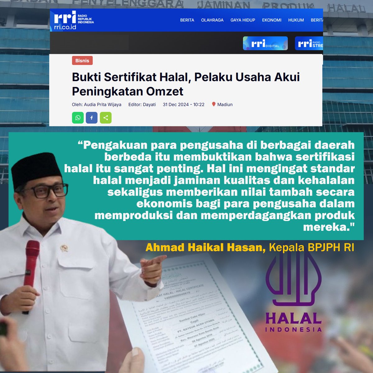 Sholehoddin7's tweet photo. Bukti sertifikat, pelaku usaha akui peningkatan omzet.

@halalindonesia_

#SertifikatHalalNaikinCuan https://t.co/pex0HGPe9p