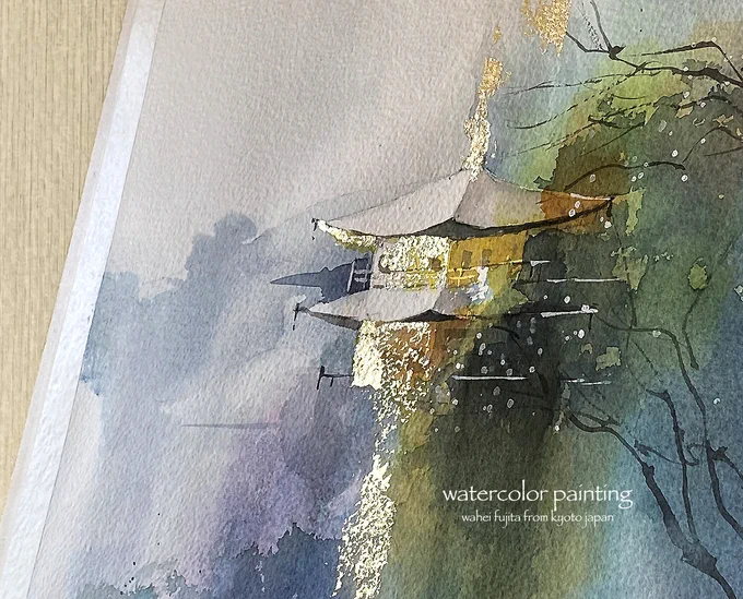 金閣寺に金箔。#Watercolor #水彩画 #透明水彩 #京都水彩画塾  #水彩画教室  #京都の絵画教室 #藤田わへい  #USK  #絵画動画 