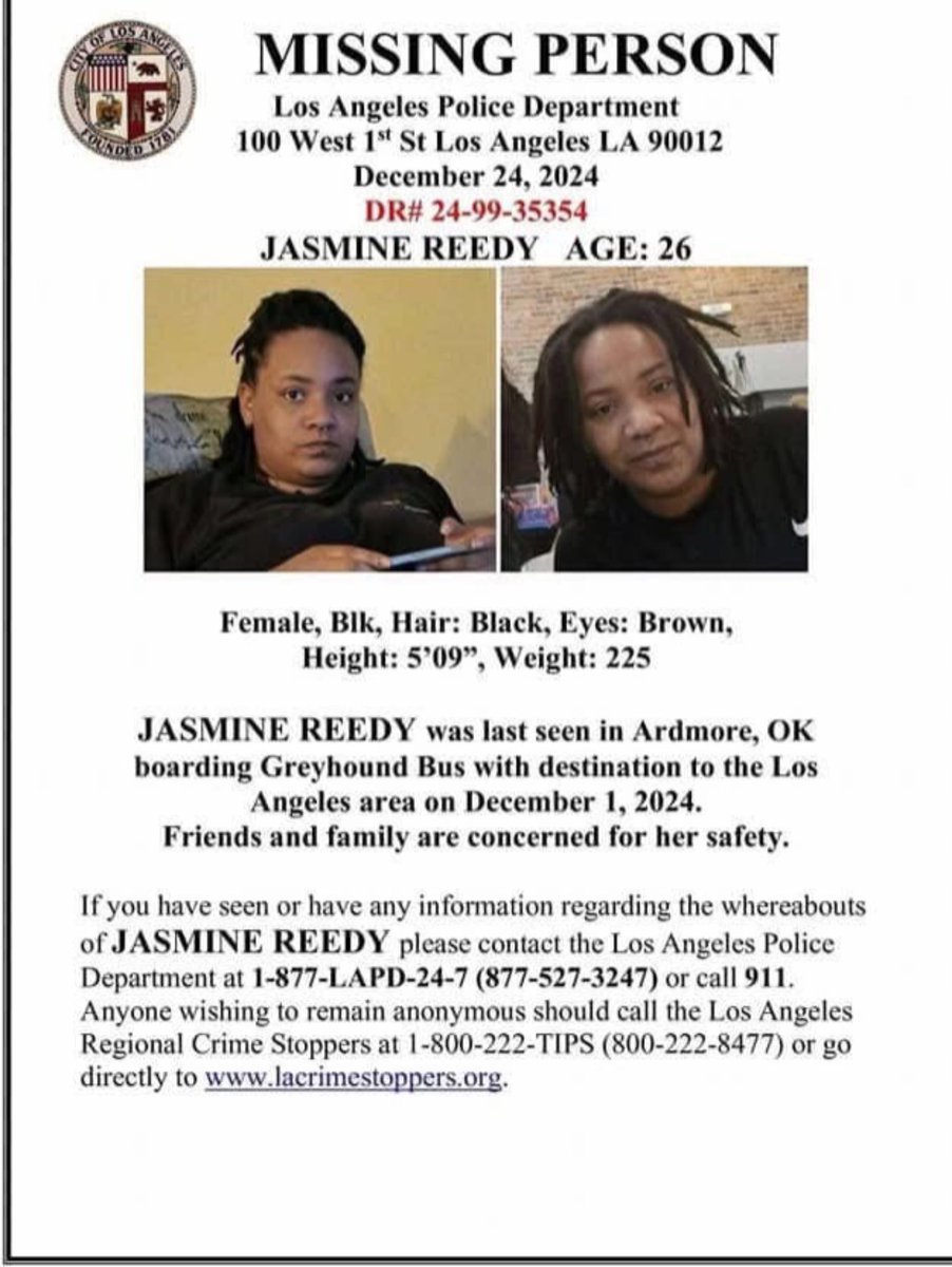 brooklyn90347's tweet photo. Hey everyone Jasmine parents really need our help their daughter jasmine Reedy age 26 went boarding a Greyhound bus heading to Los Angeles on December 1st 2024 they have not heard anything from her and they are not getting any attention with spreading awareness @NancyGrace https://t.co/N524NHRIdz