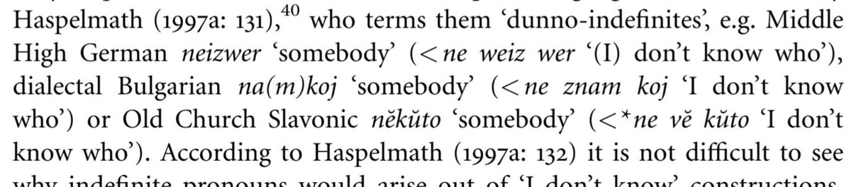 yemrebcr's tweet photo. Similarly, 'x-ever indefinitives' in Turkish:
1) kimse 'someone, anyone, no one > person' < kim erse 'whoever s/he is,'
2) nesne 'object < (?) something, anything, nothing' < ne erse 'whatever it is.' https://t.co/V6uH2xjPFm