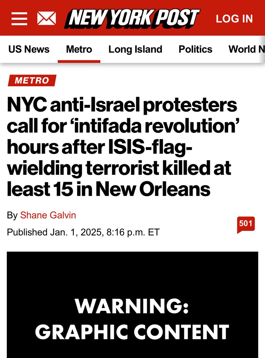 DavidSaranga's tweet photo. Hundreds of anti-Israel pro-Hamas protestors gathered in Times Square on New Year’s Day, waving Palestinian flags and calling for “intifada revolution” on the same day a terrorist carried out a deadly car attack in the French Quarter of New Orleans.

The protest, organized by the Palestinian Youth Movement, the Party for Socialism and Liberation and the People’s Forum, was led in a chant of “There is only one solution: Intifada revolution.”