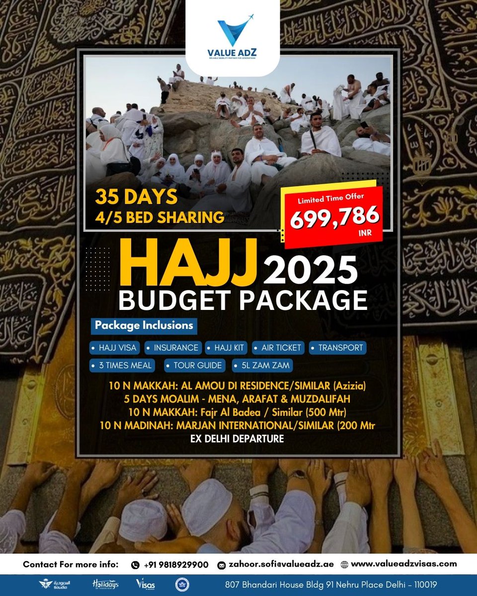 ValueadzVisa's tweet photo. 🚨 Preregister for HAJJ 2025! 🚨

📆 Embark on your spiritual journey with ease and confidence, guided by our professional team at ValueAdz.

📞 Contact Us:
+91 9818929900
🌐 Website: https://t.co/v0Vi4eOl69
#Hajj2025 #SpiritualJourney #HajjPackage  #Makkah_Al_Mukaaramah https://t.co/rSYt4MQ8lC