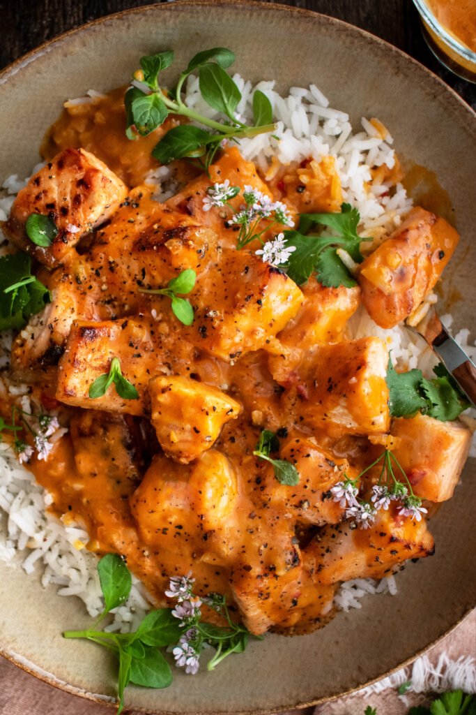 Oven-Roasted Salmon &amp; Rice with Coconut Tomato Sauce