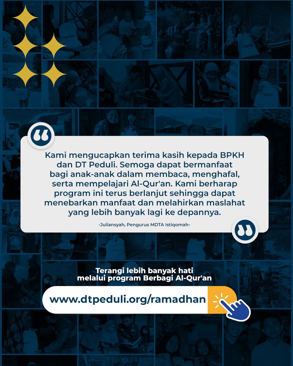 dtpeduli's tweet photo. Apa yang Sahabat Peduli lakukan saat mengisi hari-hari di bulan Ramadhan? 
 
Ramadhan memang waktu yang tepat untuk mengumpulkan sebanyak-banyaknya pahala, salah satunya adalah dengan membaca, mempelajari, dan menghafal Al-Qur’an ? https://t.co/BchtNAUbjk