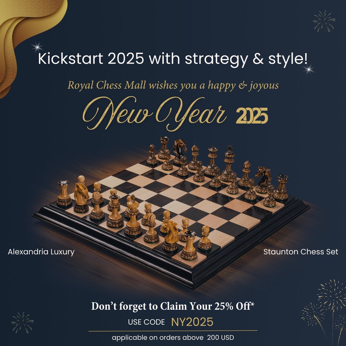 royalchessmall's tweet image. Good moves can’t be rushed, just like this #HappyNewYear post!
Here&apos;s to a year full of strategic victories &amp;amp; bold moves! 
#NewYear Sale is ON at #RoyalChessMall. Don’t miss!
🛒: royalchessmall.com

#HappyNewYear2025 #ChessSale #NewYearDeals #PremiumChessSets #StrategicMoves