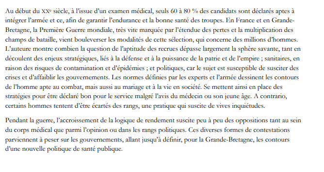 4. Aude-Marie Lalanne-Berdouticq, Des hommes pour la guerre. La sélection médicale des soldats.
En librairie le 2 janvier.