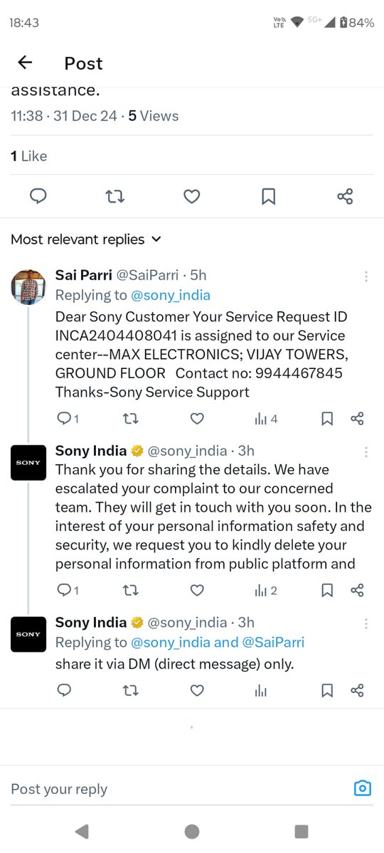 SaiParri's tweet photo. @sony_india No response till now. Irritating &amp; disappointed https://t.co/iYcImqvDFY