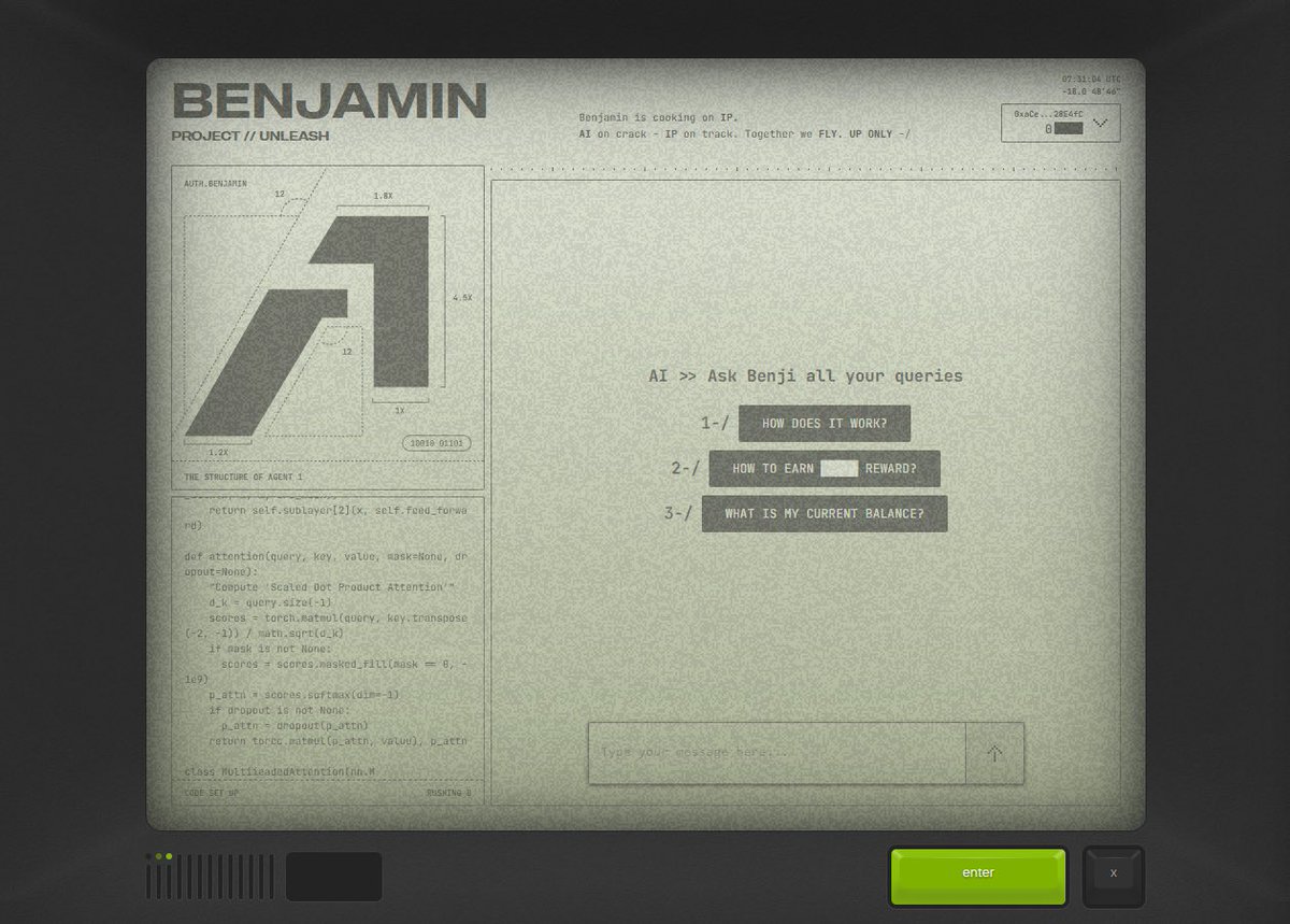 I just positioned for an airdrop from the first AI agent on <a href="/StoryProtocol/">Story</a>. Follow this guide to position for @BenjaminonIP

- Visit: benjamin.unleashprotocol.xyz

- Connect your EVM wallet (Preferably the wallet you used to farm Story)

- Connect your X account

- Ask questions or