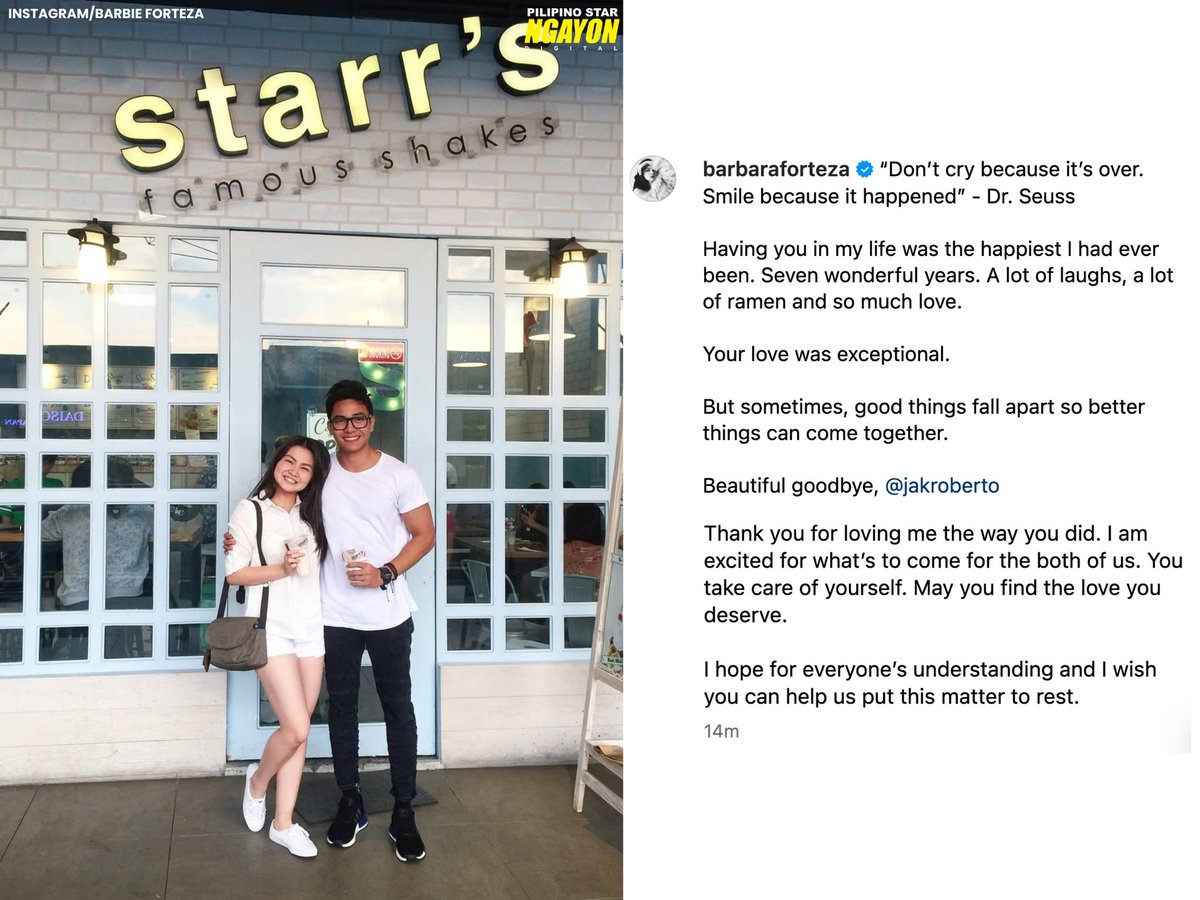 psngayondigital's tweet photo. 'JAKBIE' NO MORE 💔

Aktres na si Barbie Forteza, inanunsyo sa isang Instagram post ang kanilang hiwalayan ng partner na si Jak Roberto.

“Having you in my life was the happiest I had ever been. Seven wonderful years. A lot of laughs, a lot of ramen and so much love. https://t.co/Emmz1ZAUQq