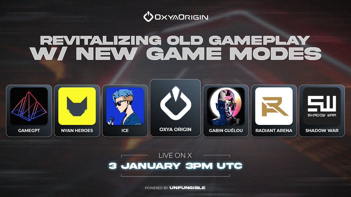 𝐒𝐩𝐚𝐜𝐞 𝐚𝐥𝐞𝐫𝐭: “OLD GAMEPLAYS, NEW GAME MODES” 

Host: <a href="/ice_nfts/">Ice</a> 

Speakers: <a href="/SamGab_G/">Gabin Guélou</a>, <a href="/nyanheroes/">Nyan Heroes</a>, <a href="/Gamegptofficial/">GameGPT by PRISM</a>, <a href="/radiantarena/">Radiant Arena</a>, <a href="/PlayShadowWar/">SHADOW WAR</a> 

📅 January 3rd,  3PM UTC
Set your reminder below 👇