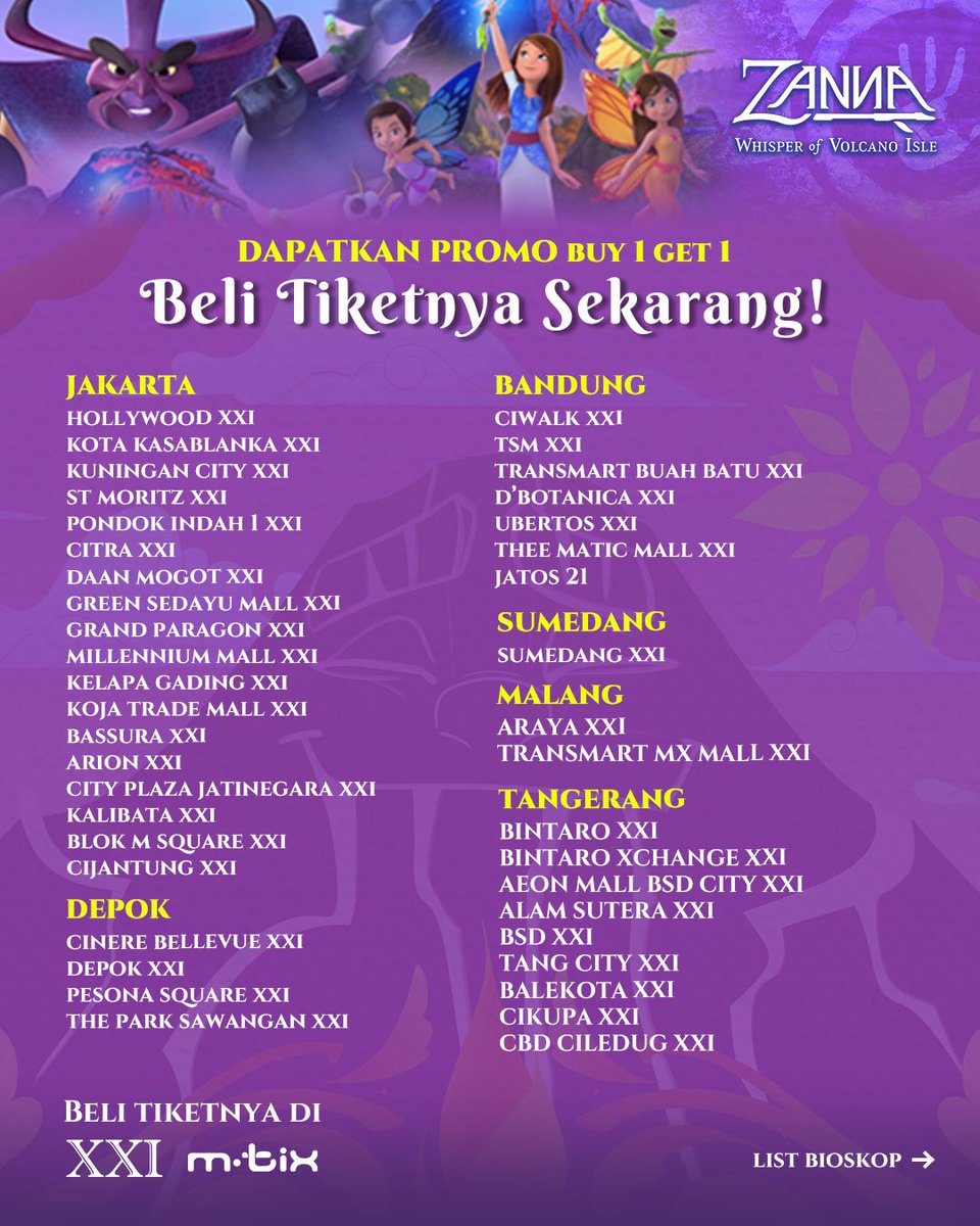 emilbias's tweet photo. Yuk Moms &amp; Dads, ajak anak untuk ikut merasakan petualangan tak terlupakan di dunia Zanna sebelum kembali ke sekolah minggu depan. Cek dulu list bioskopnya untuk bisa menemui Zanna dan teman-teman yaa! 🤗🧚🏻 https://t.co/Xxo6Rw1Do6