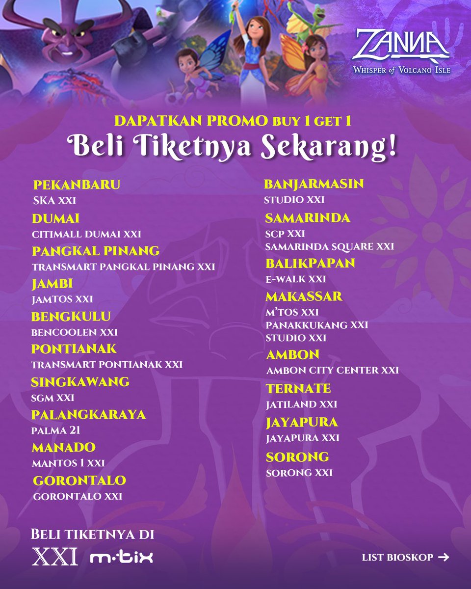 emilbias's tweet photo. Yuk Moms &amp; Dads, ajak anak untuk ikut merasakan petualangan tak terlupakan di dunia Zanna sebelum kembali ke sekolah minggu depan. Cek dulu list bioskopnya untuk bisa menemui Zanna &amp; teman-teman
Pilihan liburan keluarga “Zanna: Whisper of Volcano Isle” SEDANG TAYANG di bioskop! https://t.co/SvvsctimCp
