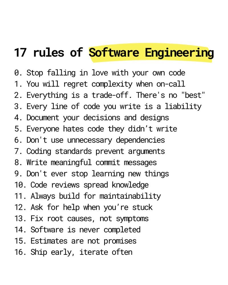 PovilasKorop's tweet image. 17 rules of software engineering.

I&apos;m a big fan of the last one.

Source on LinkedIn: linkedin.com/posts/mikolajp…