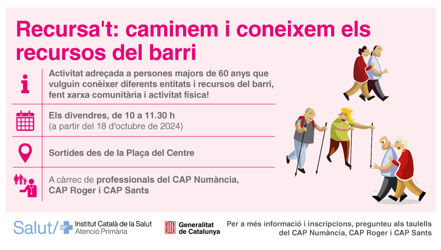 primariaicscat's tweet photo. 👨🦯👩🦯L'atenció primària promou l'activitat física, lluita contra la solitud i es coordina amb els recursos de la comunitat.
Les tres característiques conflueixen a 'Recursa't', dels #CAPNumància, #CAPRoger i #CAPSants dirigit a majors de 60 anys. Consulta als CAP pròximes dates. https://t.co/OqfaepTyJi