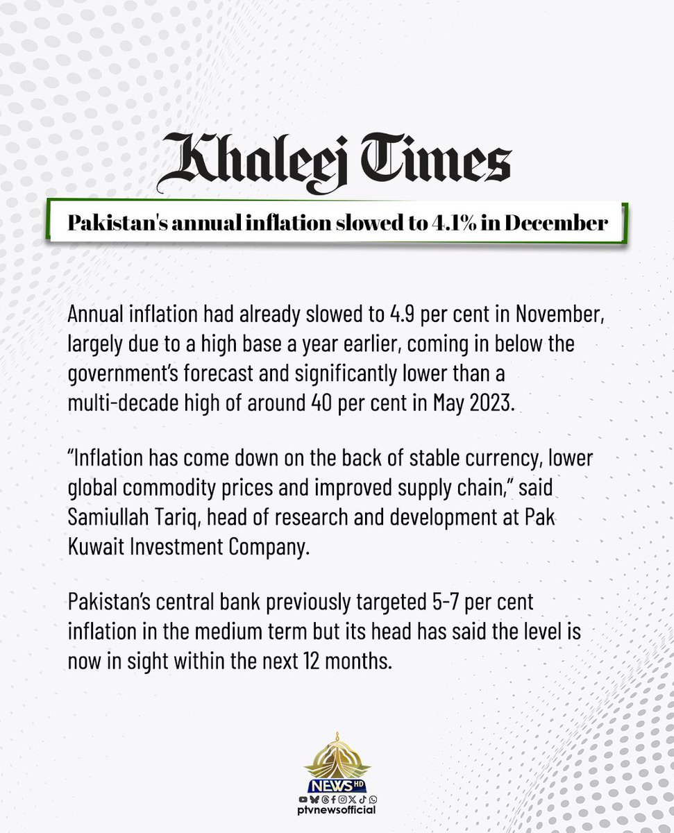 appcsocialmedia's tweet image. Pakistan's annual inflation slowed to 4.1% in December
#Pakistan #InflationReduction