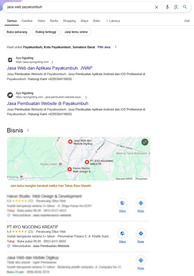 ayongoding's tweet image. Dalam SEO (Search Engine Optimization), Page One Ranking sering digunakan untuk menggambarkan kesuksesan sebuah situs web dalam mencapai posisi strategis pada mesin pencari.
Gunakan Keyword berikut untuk menemukan kami di google:
- jasa aplikasi payakumbuh
- jasa web payakumbuh
