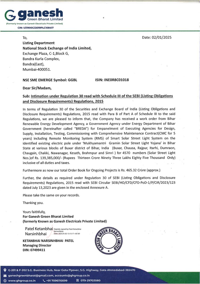 nileshkurhade's tweet photo. 📌 Ganesh Green Bharat Limited informed the exchange about receiving a work order worth ₹139,385,000 from Bihar Renewable Energy Development Agency (BREDA) for designing, supplying, installing, testing, and commissioning 4,570 Smart Solar Street Light Systems under the 'Mukhyamantri Gramin Solar Street Light Yojana' in various blocks of Buxar district, Bihar. The order includes a 5-year Comprehensive Maintenance Contract (CMC) and Remote Monitoring System (RMS). The company’s total ongoing project order book now stands at ₹465.32 crore (approx.). #SME #GGBL 🌞📊