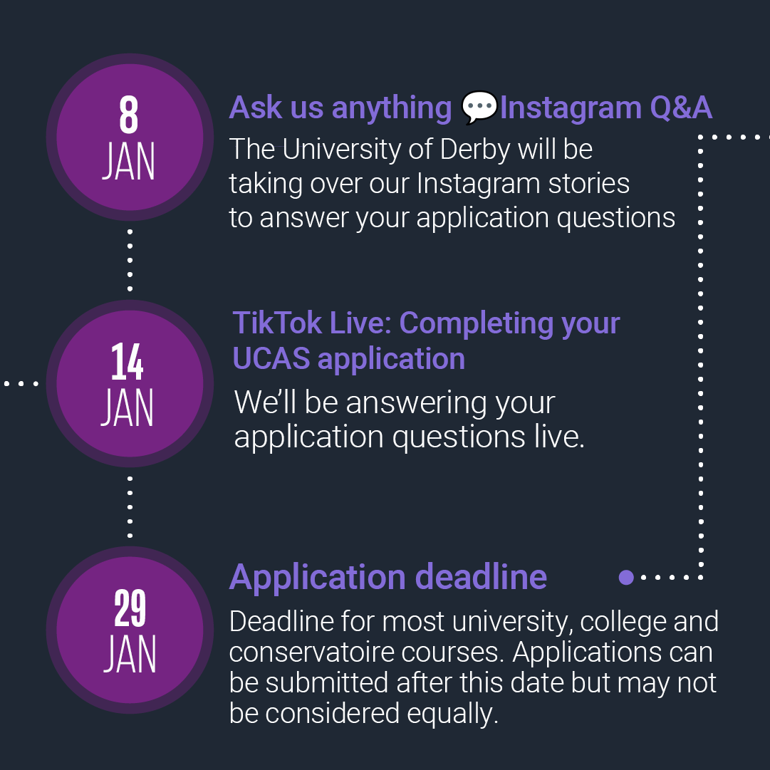UCAS (@ucas_online) on Twitter photo With the January application deadline just around the corner, here are all key UCAS dates and deadlines that you need to know about 📅
Sign up to our TikTok Live Q&A to have your questions answers: TBC With the January application deadline just around the corner, here are all key UCAS dates and deadlines that you need to know about 📅
Sign up to our TikTok Live Q&A to have your questions answers: TBC