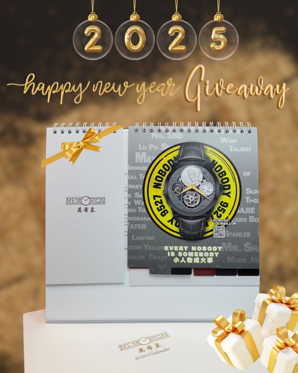 realnobodyxyz's tweet photo. Exclusively for our verified Nobody NFT holders: Join the @Memorigin 2025 Calendar Giveaway featuring the iconic Nobody Tourbillon Watch ⌚✨

🌟 How to enter: Head over to the #giveaway channel in our Discord to participate
📅 Giveaway ends January 19, 2025.
🎉 10 winners will be announced—don’t miss out!

#EveryNobodyIsSomebody- Cheers to an extraordinary 2025! 💛

歡迎已驗證的Nobody NFT持有者，參加 #萬希泉 2025年月曆抽獎活動，其中會展示標誌性的Nobody陀飛輪手錶喔⌚✨

🌟如何參與: 前往我們Discord的 giveway頻道參與活動
📅抽獎將於2025年1月19日截止
🎉將會公佈10位得獎者，不要錯過喔！

小人物成大事- 我們一起期待精彩的2025年！💛