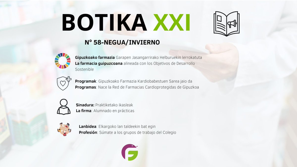 GipuzkoaCOF's tweet photo. 📢📰 ¡Ya disponible el último #BotikaXXI con las novedades del COFG!
Egon informatuta gaurkotasun farmazeutikoari buruzℹ️
📲 Consulta el enlace y no te lo pierdas
https://t.co/OorVqzDFIN
#BotikaXXI #Farmacéuticos #COFG #Salud https://t.co/n7va9cbbhG