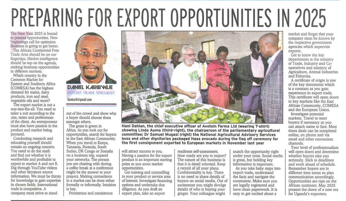 How can you prepare to make the most of export opportunities in 2025?

Export Trade Specialist, Daniel Karibwije- <a href="/dankarib/">Daniel Karibwije</a> gets into the insights in today's <a href="/newvisionwire/">The New Vision</a>.

Read away.
⬇️

#URAPressCuts
#Customs101