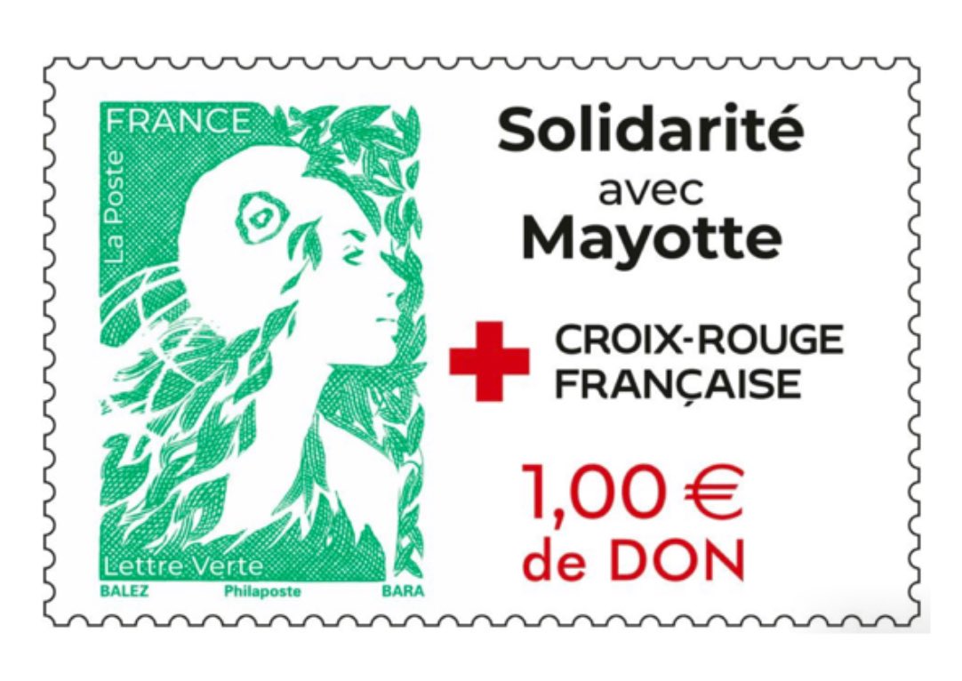 #Chido La Poste émet à partir de ce jour un timbre au prix de 2,39 euros intégrant 1 euros au profit de la Croix Rouge pour soutenir les actions de solidarité pour #Mayotte.
Le timbre est disponible dans les bureaux de Poste et dur site internet.