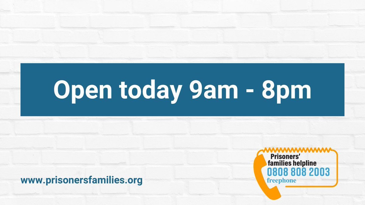 Prisoners' Families Helpline (@pfhelpline) on Twitter photo We are open from 9am until 8pm today. Call us on 0808 808 2003 or email info@prisonersfamilies.org.uk. We are open from 9am until 8pm today. Call us on 0808 808 2003 or email info@prisonersfamilies.org.uk.