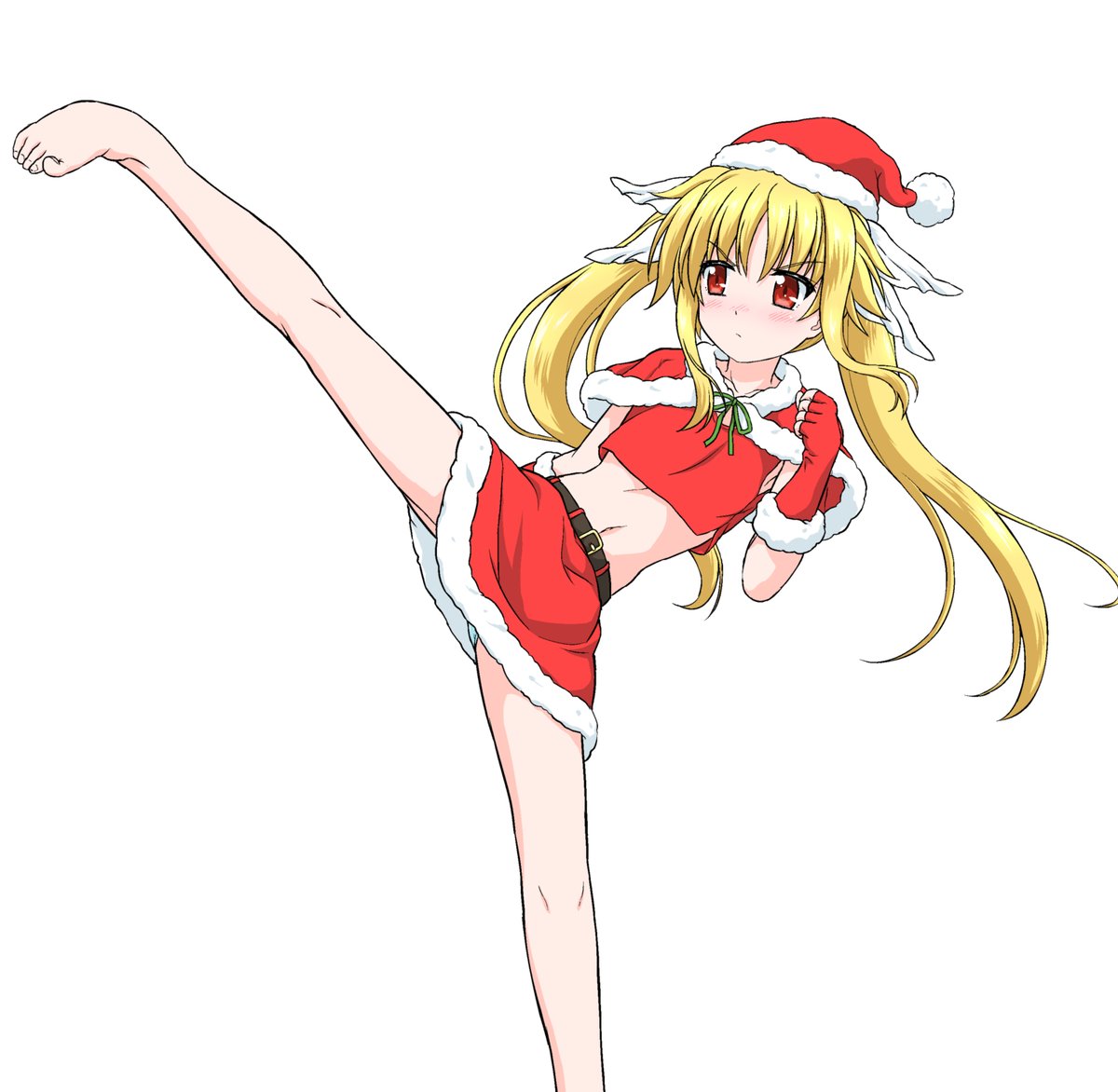 これはクリスマスに下書きを描いたままイベントの準備でうっちゃってて、もう年を越したけど、なんか勿体無いので最後まで仕上げた、サンタコスで足刀を蹴るフェイトさん! 