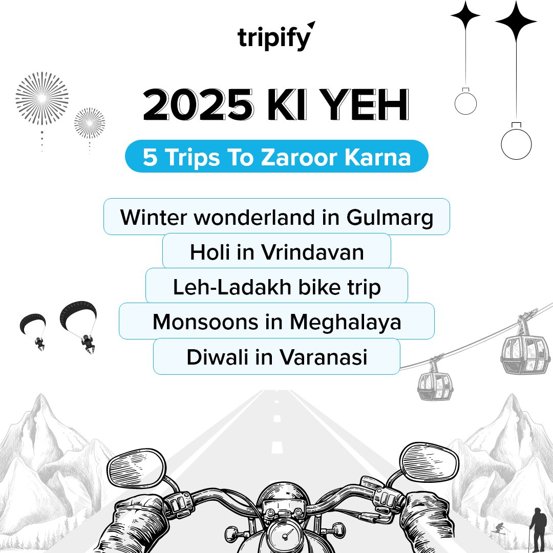 TripifyIndia's tweet image. 2024 ke saare "next time" ko bye-bye bolo. 🛫 2025 ki sabse badi resolution: Ab kahin jaana hi padega! Tag your travel buddy and book your tickets now!

#kyaexcusehai #resolution2025 #travelmoreworryless #packyourbags #indiantravelscenes #gogobackpacking
