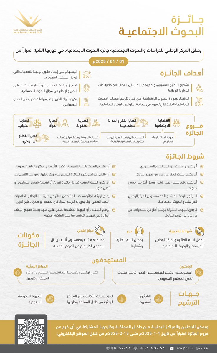 📢 انطلاق الدورة الثانية من #جائزة_البحوث_الاجتماعية
 🔍 فرصة مميزة للباحثين والمراكز البحثية داخل وخارج المملكة لتقديم أبحاثهم المبتكرة التي تسهم في معالجة قضايا المجتمع السعودي.
 ⏳ فترة التقديم1 يناير – 15 فبراير 2025
 📥 قدّم الآن عبر الموقع الإلكتروني: