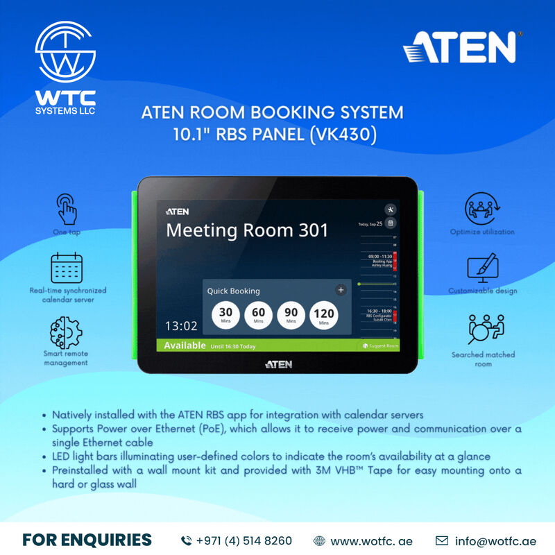 WTC_SYSTEMS_LLC's tweet image. ATEN VK430

Room Booking System - 10.1&quot; RBS Panel

Call Us: +97145148260
Mailid: info@wotfc.ae
wotfc.ae

#wtc #wtcsystems #wtcdistribution #aten #touch #systemintegrator #simplybetterconnections #Roombookingsystem #rms #superiorvideo #videodatasync #technology #uae