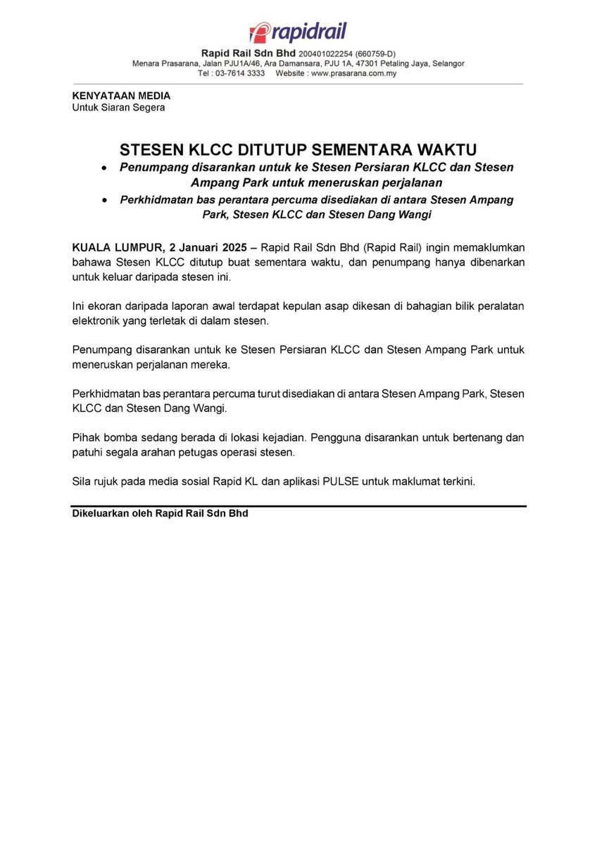 STESEN KLCC DITUTUP SEMENTARA WAKTU

• Penumpang disarankan untuk ke Stesen Persiaran KLCC dan Stesen Ampang Park untuk meneruskan perjalanan

• Perkhidmatan bas perantara percuma disediakan di antara Stesen Ampang Park, Stesen KLCC dan Stesen Dang Wangi