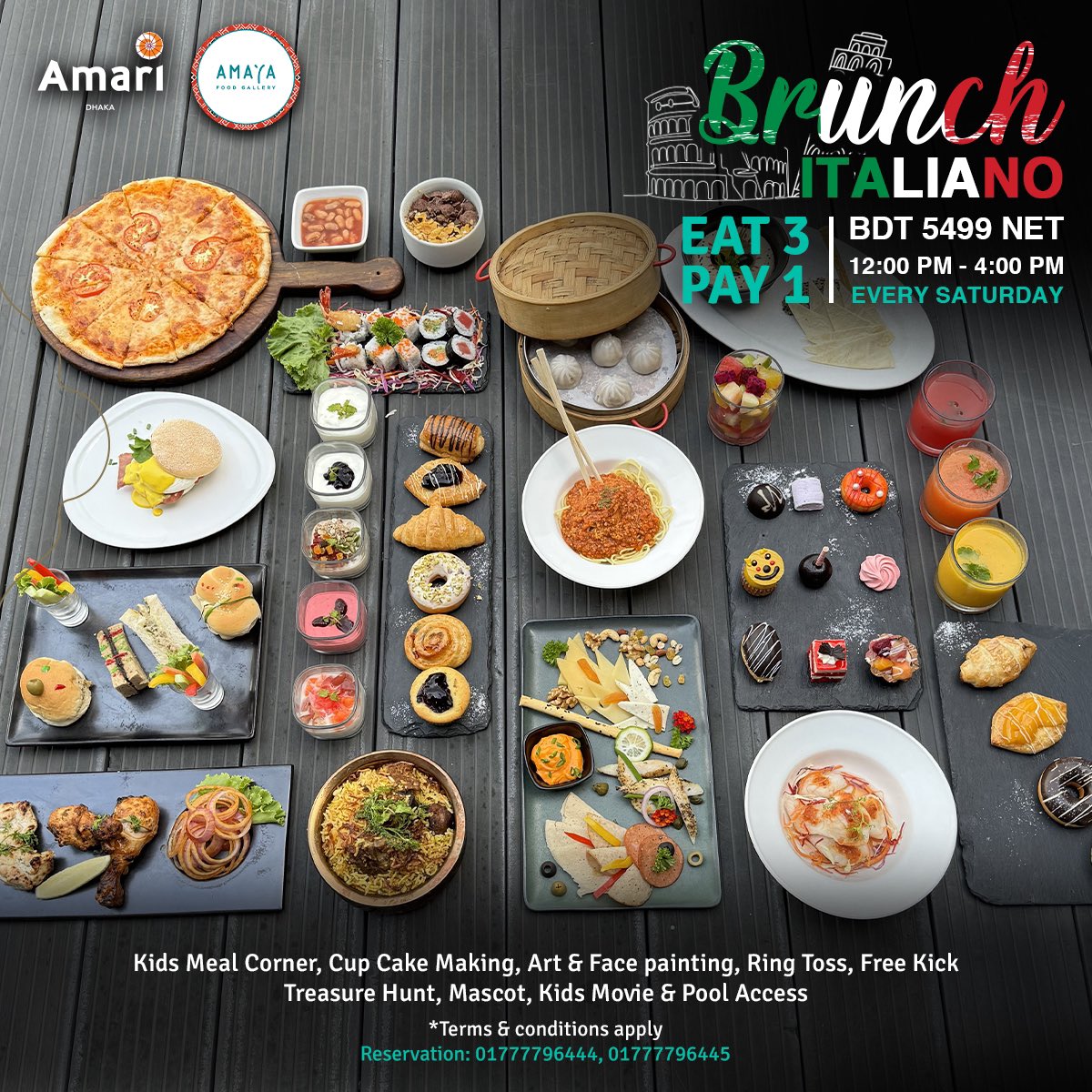 FIareGov's tweet photo. 🍝 Buon Appetito!
Dive into the flavors of Italy at our Saturday brunch featuring live food corners, activities for kids, and a buffet for adults. Grab the Eat 3 Pay 1 deal for BDT 5499 NET!
📞 Reservation: 01777796444, 01777796445
#WeekendEscape #ItalianFlavors #AmariDhaka https://t.co/m5ir10aQef