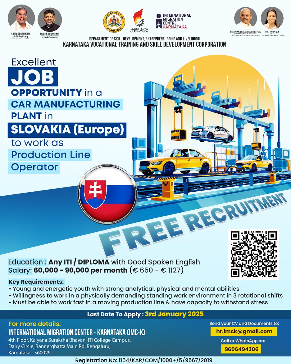 Skill_Karnataka's tweet photo. Excellent job opportunity in a car manufacturing plant in SLOVAKIA (Europe) to work as Production Line Operator.
Last Date to Apply: January 3rd, 2025
#KSDC
#KVTSDC #slowakia
#JobOpportunity #CarManufacturing #ProductionLineOperator #SlovakiaJobs #CareerInEurope https://t.co/2jSVH7s4zo